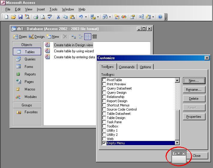 Image of MS Access Toolbar customization screen