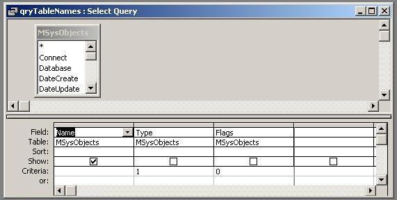 Image of MS Access Design View for query to list tables